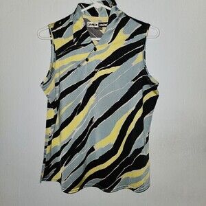 Jamie Sadock Sz M Sleeveless Golf Top Yellow Blue Black Asymmetrical Collar
